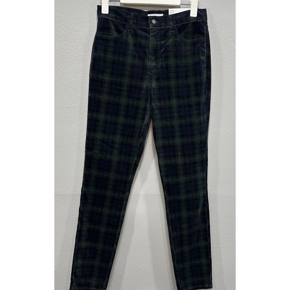 Loft Velvet Pants Womens Size 28/6 Green Dk. Blue Plaid Skinny High Rise Dressy